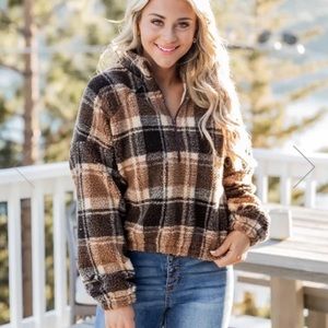Pink Lily Arizona Skies Brown Plaid Sherpa Pullover